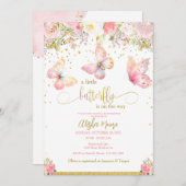 ピンクの金ゴールド蝶の赤ちゃんシャワーの招待状 招待状 (正面/裏面)