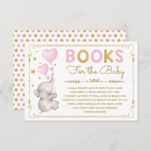 ピンクの金ゴールド象の赤ちゃん女の子がブックカードを持ってくる エンクロージャーカード (正面/裏面)