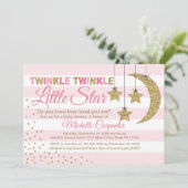 ピンクの金ゴールド赤ちゃんシャワー招待少女の小スター 招待状 (スタンド正面)