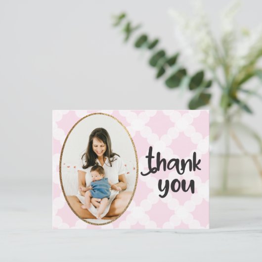 ピンクの金ゴールド赤ちゃん女の子シャワーありがとう写真 ポストカード (スタンド正面)