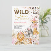 ピンクの金ゴールド野生のパーティー動物ジャングルベビーシャワー 招待状 (スタンド正面)