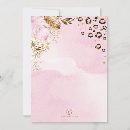 ピンクの金ゴールド野生のパーティー動物ジャングルベビーシャワー 招待状 (裏面)