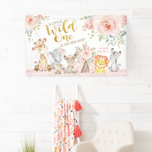 ピンクの金ゴールド野生の部族ジャングルサファリベイビーシャワー 横断幕 (インサイチュ)