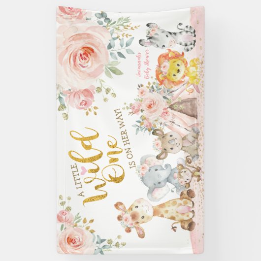 ピンクの金ゴールド野生の部族ジャングルサファリベイビーシャワー 横断幕 (縦)