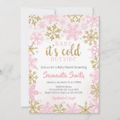 ピンクの金ゴールド雪の結晶コールド外ベビーシャワー 招待状 (正面)