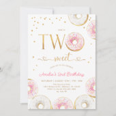 ピンクの金ゴールド2つのスイートドーナツ2nd誕生日 招待状 (正面)