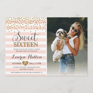 ピンクの金ゴールドSweet sixteen16歳の誕生日パーティーの写真 招待状