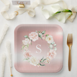 ピンクの金属フローラモノグラム水色 ペーパープレート