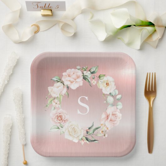 ピンクの金属フローラモノグラム水色 ペーパープレート (ウェディング)