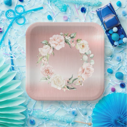 ピンクの金属フローラ赤面水の色ベビーシャワー ペーパープレート (パーティー)