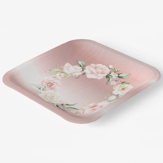 ピンクの金属フローラ赤面水の色ベビーシャワー ペーパープレート (傾斜あり)