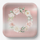 ピンクの金属フローラ赤面水の色ベビーシャワー ペーパープレート (正面)