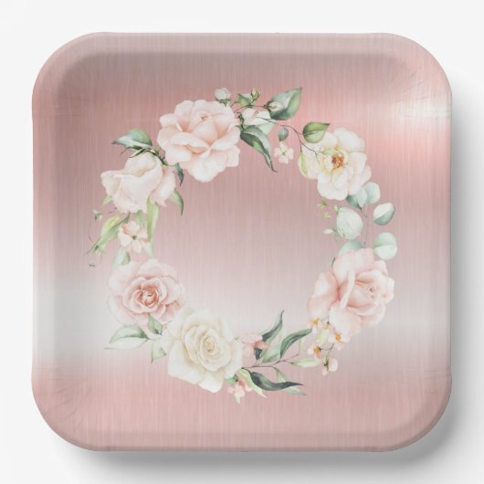 ピンクの金属フローラ赤面水の色ベビーシャワー ペーパープレート (正面)