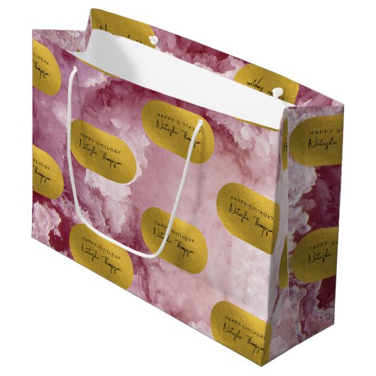 ピンクの金箔の海の結晶の署名スクリプト ラージペーパーバッグ (正面アングル)