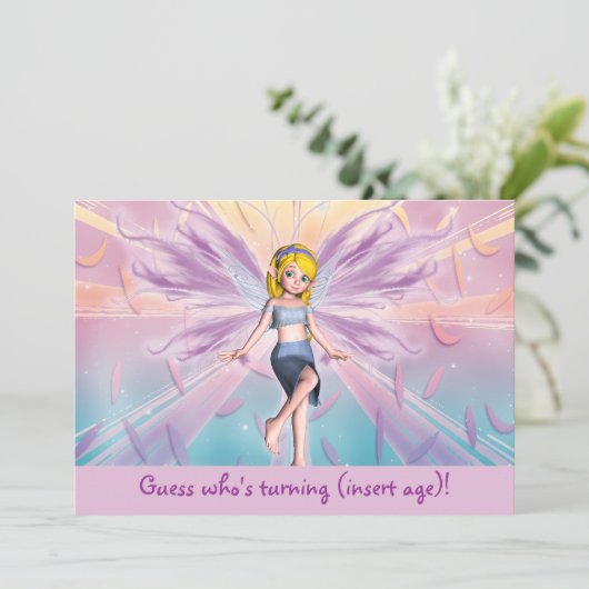 ピンクの金髪パーソナライズされたの妖精の誕生日 招待状 (スタンド正面)