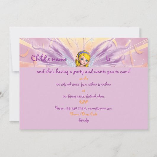 ピンクの金髪パーソナライズされたの妖精の誕生日 招待状 (裏面)