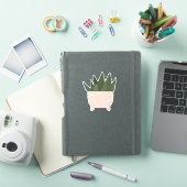 ピンクの鉢のグリーンの観葉植物の透明ステッカー シール (iPadカバー)