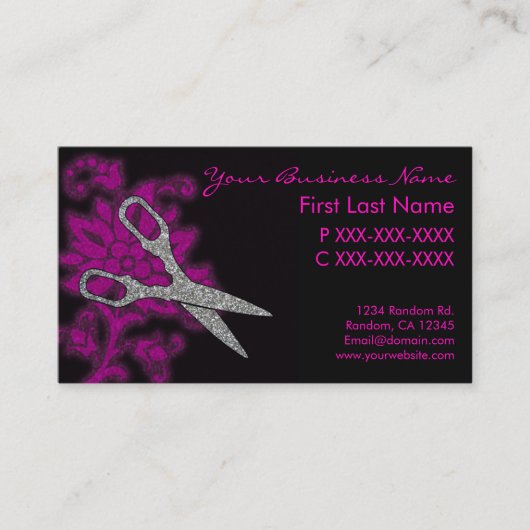 ピンクの銀のグリッター渦巻きヘアカットの名刺 名刺 (正面)