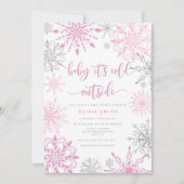 ピンクの銀の雪の結晶の冬の女の子の赤ちゃんシャワー 招待状 (正面)
