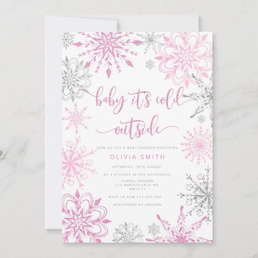 ピンクの銀の雪の結晶の冬の女の子の赤ちゃんシャワー 招待状 (正面)