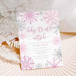 ピンクの銀の雪の結晶の冬の女の子の赤ちゃんシャワー 招待状