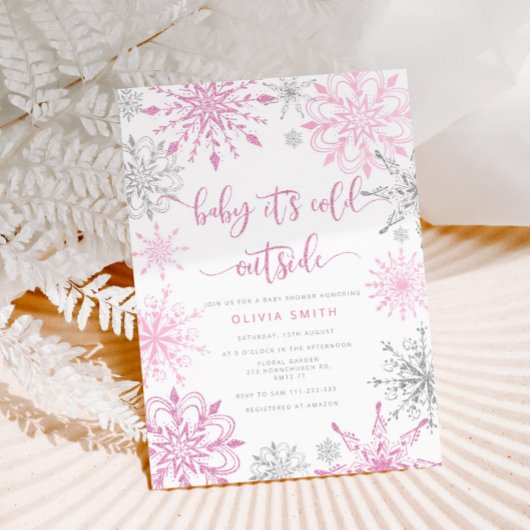 ピンクの銀の雪の結晶の冬の女の子の赤ちゃんシャワー 招待状