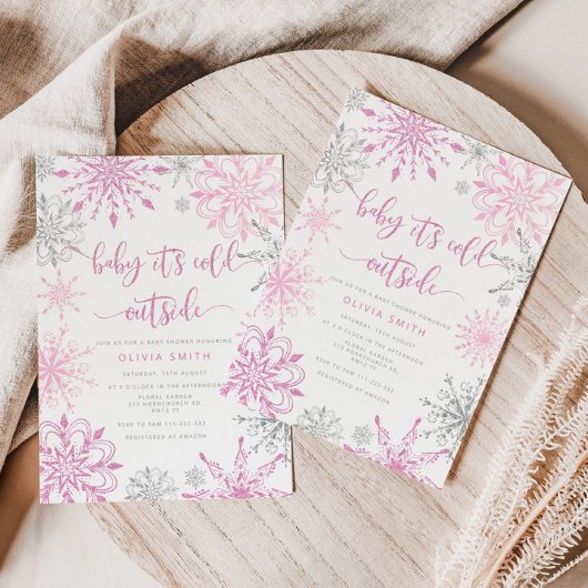 ピンクの銀の雪の結晶の冬の女の子の赤ちゃんシャワー 招待状