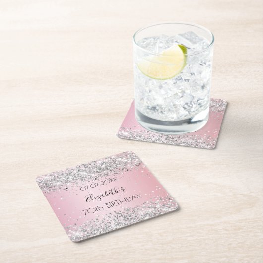 ピンクの銀名のエレガント誕生日 スクエアペーパーコースター (インサイチュ)