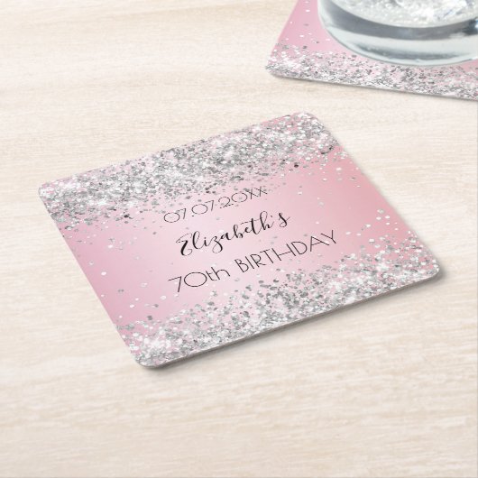 ピンクの銀名のエレガント誕生日 スクエアペーパーコースター (アングル)
