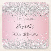 ピンクの銀名のエレガント誕生日 スクエアペーパーコースター (正面)