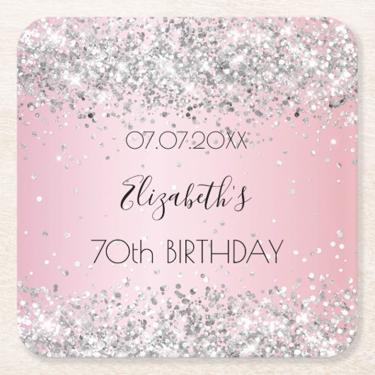 ピンクの銀名のエレガント誕生日 スクエアペーパーコースター (正面)