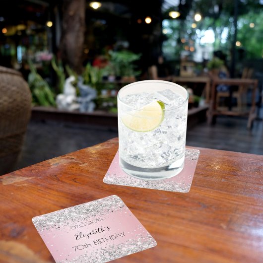 ピンクの銀名のエレガント誕生日 スクエアペーパーコースター