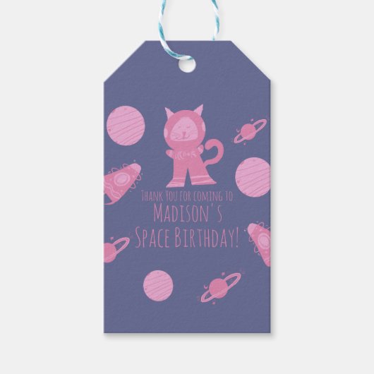 ピンクの銀河の宇宙ネコ 誕生日 ギフトタグ (正面)
