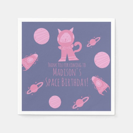 ピンクの銀河の宇宙ネコ 誕生日 スタンダードカクテルナプキン (正面)