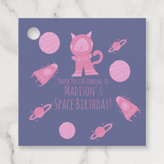 ピンクの銀河の宇宙ネコ 誕生日 フェイバータグ (正面)