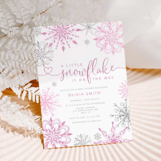 ピンクの銀色の小さなスノーフレークの女の子の赤ちゃんシャワー 招待状