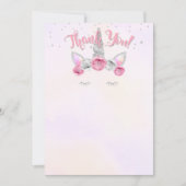 ピンクの銀製のユニコーンの顔のサンキューカード 招待状 (正面)