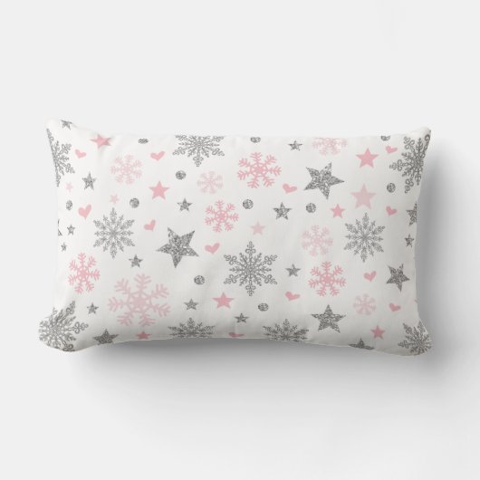 ピンクの銀製の冬の雪片の女の赤ちゃんの子供部屋 ランバークッション (正面)