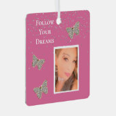 ピンクの銀輝く蝶あなたの写真 メタルオーナメント (正面右)