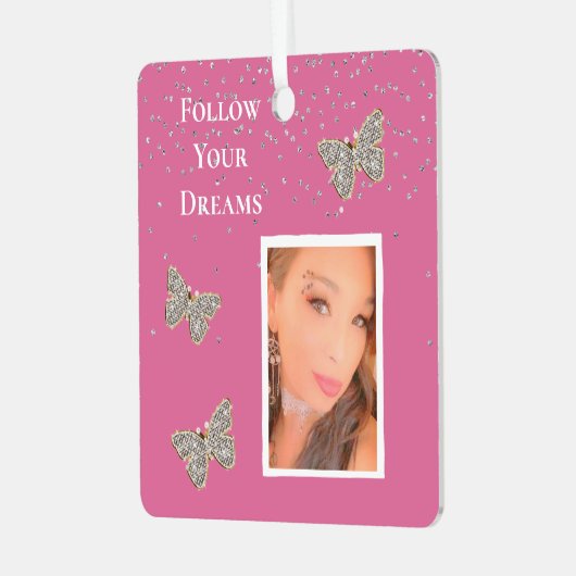 ピンクの銀輝く蝶あなたの写真 メタルオーナメント (正面左)
