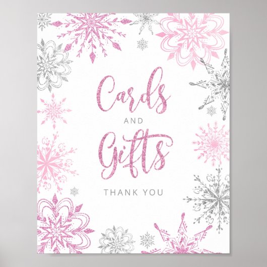 ピンクの銀雪の冬のカードとギフト ポスター (正面)