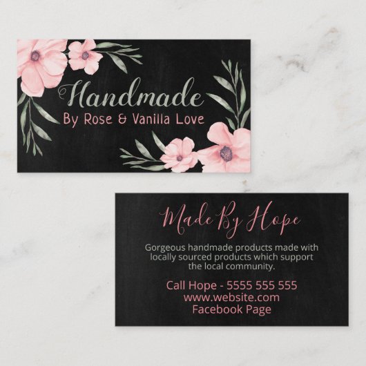 ピンクの開花が黒の手作り商品に 名刺 (正面/裏面)