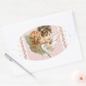 ピンクの開花した背景の天使 楕円形シール (封筒)