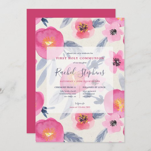 ピンクの開花水の色フローラ最初の聖餐式 招待状 (正面/裏面)