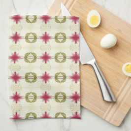 ピンクの開花（緑の白とベージュ） キッチンタオル