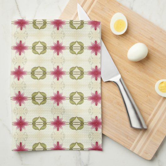 ピンクの開花（緑の白とベージュ） キッチンタオル (四つ折り)