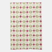 ピンクの開花（緑の白とベージュ） キッチンタオル (縦)