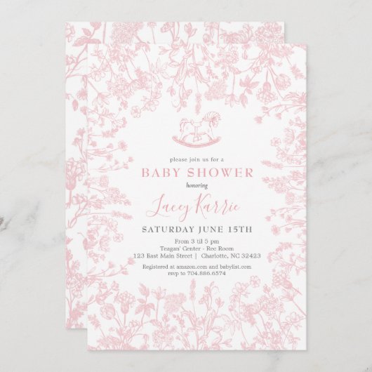 ピンクの陳腐なフローラ赤ちゃんシャワー招待状、 招待状 (正面/裏面)