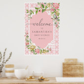 ピンクの陳腐なフローラ赤ちゃんシャワー歓迎サイン ポスター (キッチン)