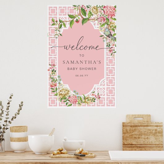 ピンクの陳腐なフローラ赤ちゃんシャワー歓迎サイン ポスター (キッチン)